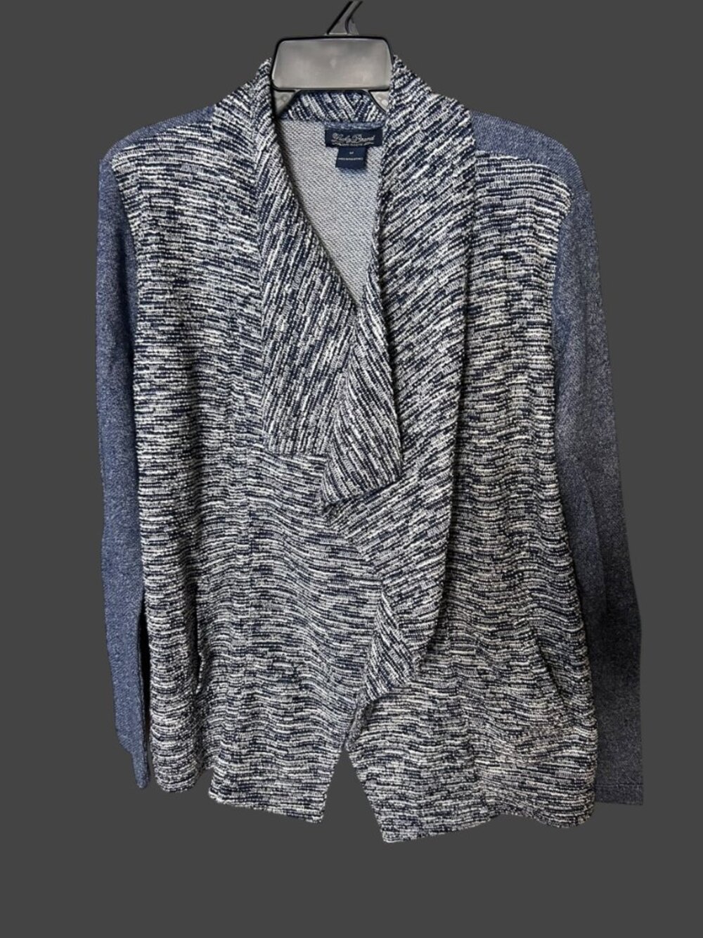 Lucky Brand Open Front Draped Cardigan M Marled Navy Blue White Shawl Collar Kni - Picture 3 of 7